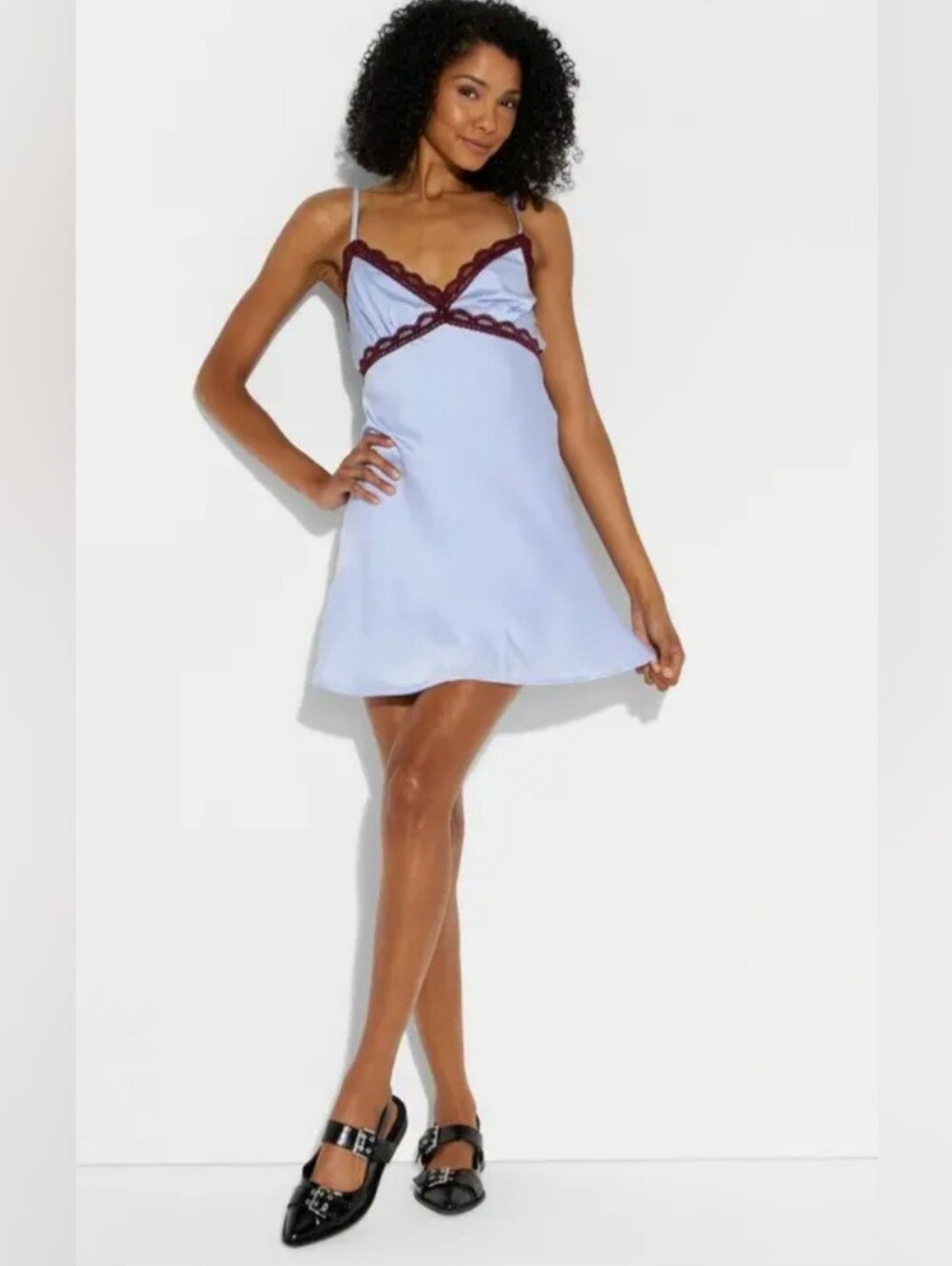 wild fable Light Blue Chemise with Burgundy Lace Trim